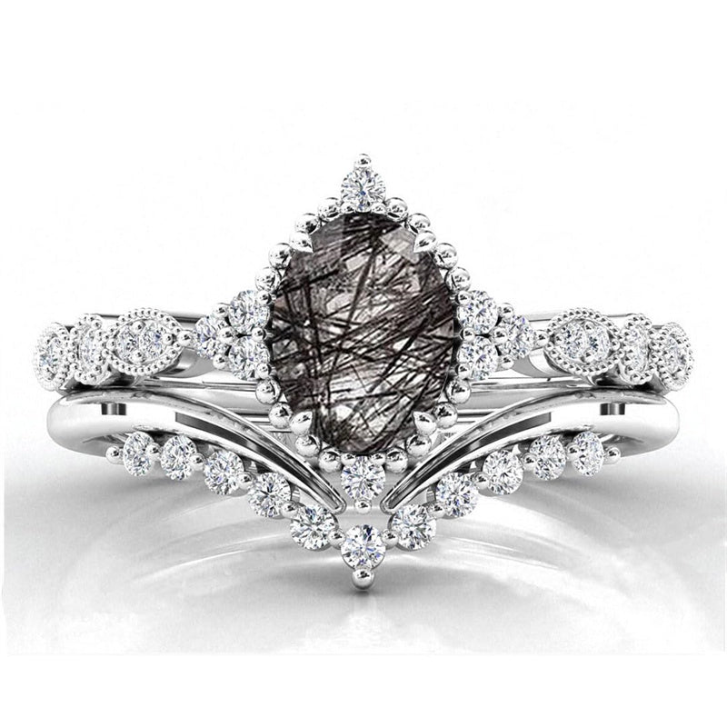 Sterling Silver 10K 14K 18K Personalized Engraved 2CT Natural Black Rutilated Quartz Engagement Ring Set