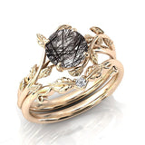 Sterling Silver 10K 14K 18K Personalized Engraved 2CT Natural Black Rutilated Quartz Engagement Ring Set