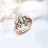 Sterling Silver Personalized  Engraved Pear Cut Moss Agate Engagement Wedding Ring Set for Women