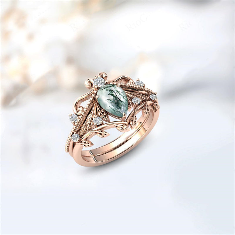 Sterling Silver Personalized  Engraved Pear Cut Moss Agate Engagement Wedding Ring Set for Women
