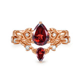 Sterling Silver 10K 14K 18K Gold Pear Cut Gemstone Leaf  Engagement Ring Set