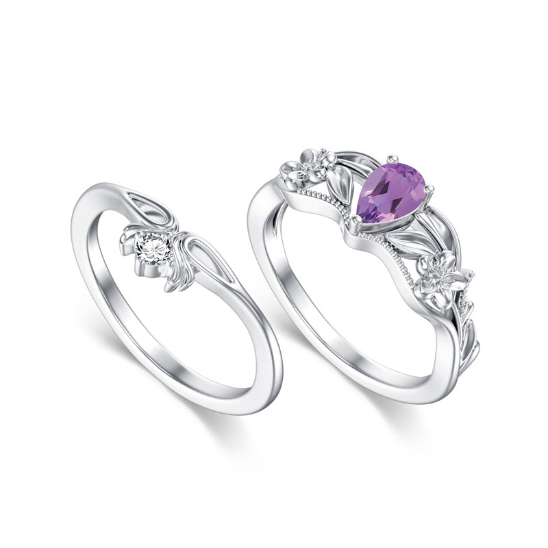 Sterling Silver Pear Shaped Gemstone Engagement Rings Set for Women