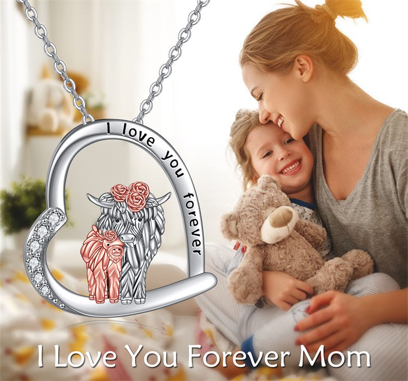 Sterling Silver Heart Highland Cow Pendant Necklace