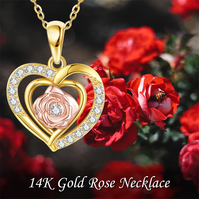 14K Yellow Gold Rose Heart Pendant Necklace