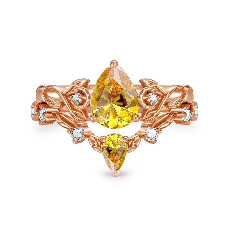 Sterling Silver 10K 14K 18K Gold Pear Cut Gemstone Leaf  Engagement Ring Set