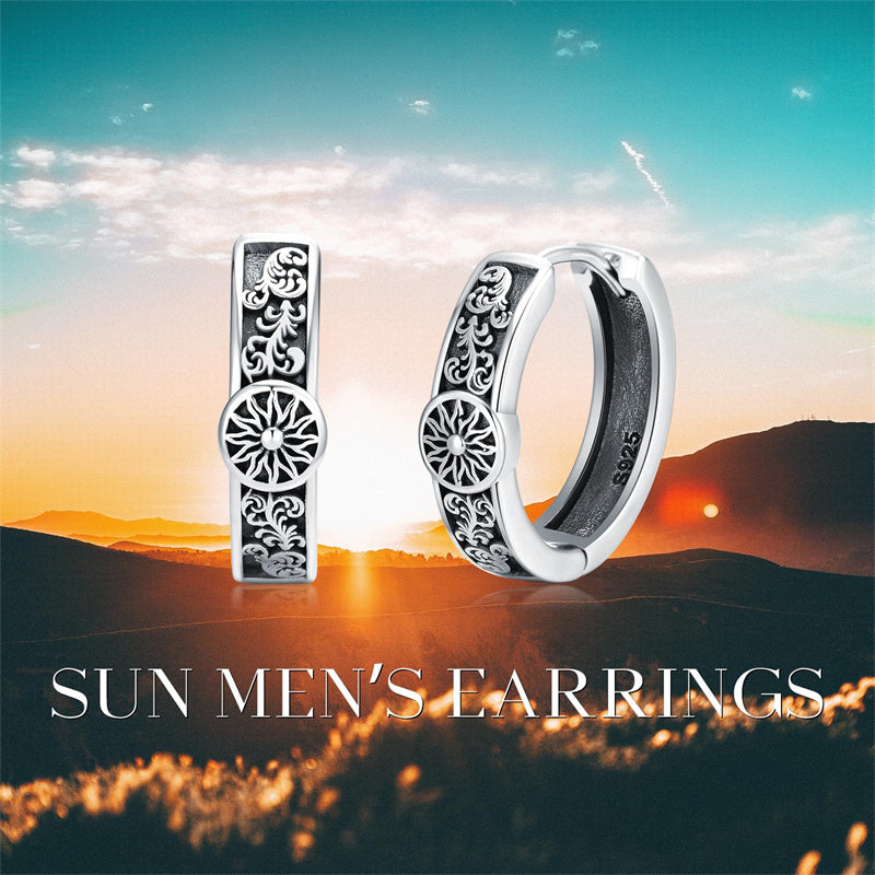 Sterling Silver Cross Sun Viking Wave Hoop Earrings for Men
