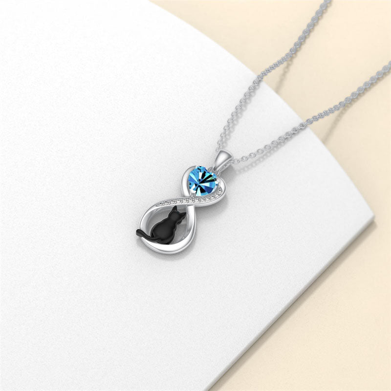 Sterling Silver Birthstone Infinity Black Cat Pendant  Necklace