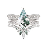 Sterling Silver Personalized Engraved  Kite Cut Moss Agate Engagement Wedding Ring Set for Women