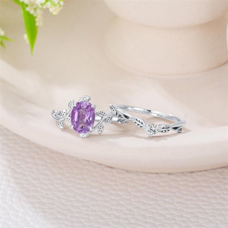 Sterling Silver Oval Shaped  Leaf Gemstone Engagement Rings Set for Women
