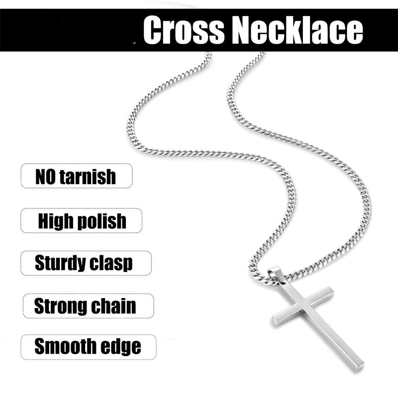 Sterling Silver Cross Pendant Necklace with 3.0mm Stainless Steel Cuban Chain
