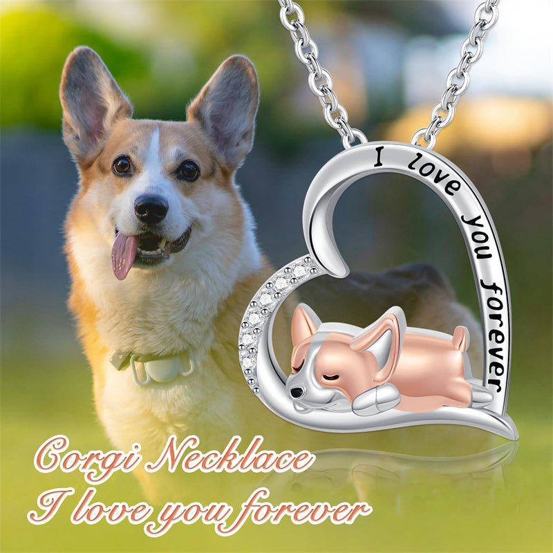 Sterling Silver Corgi Dog Pendant Necklace Engraved with I Love You Forever
