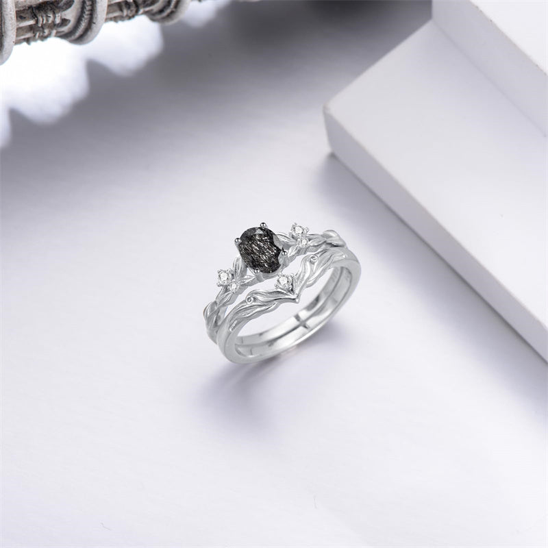 Sterling Silver 10K 14K 18K Gold  Oval Cut Unique Vine Gemstone Wedding Ring Set