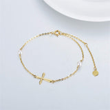 14k Gold Pearl Cross Single Layer Anklet