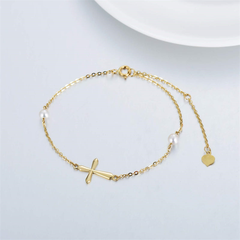 14k Gold Pearl Cross Single Layer Anklet