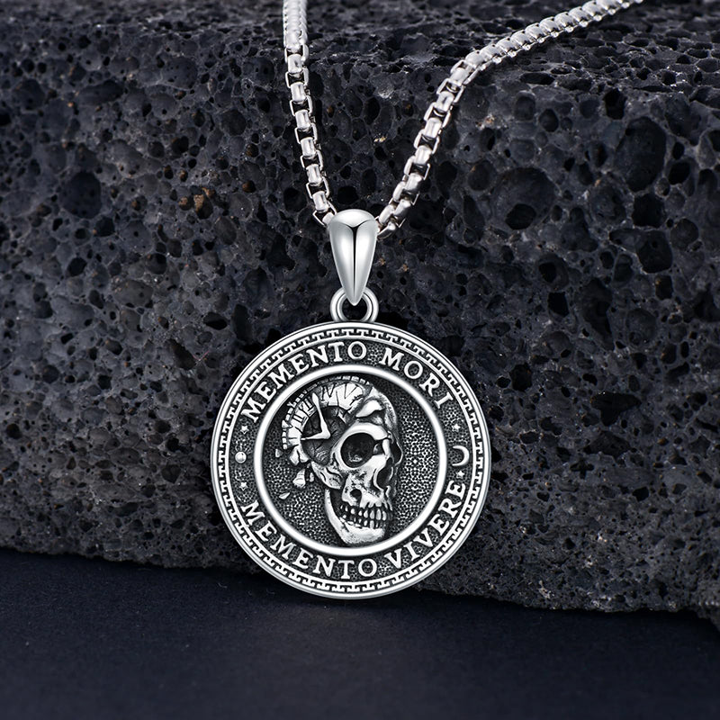Sterling Silver Memento Mori Gothic Skull Amulet Pendant Necklace for Men
