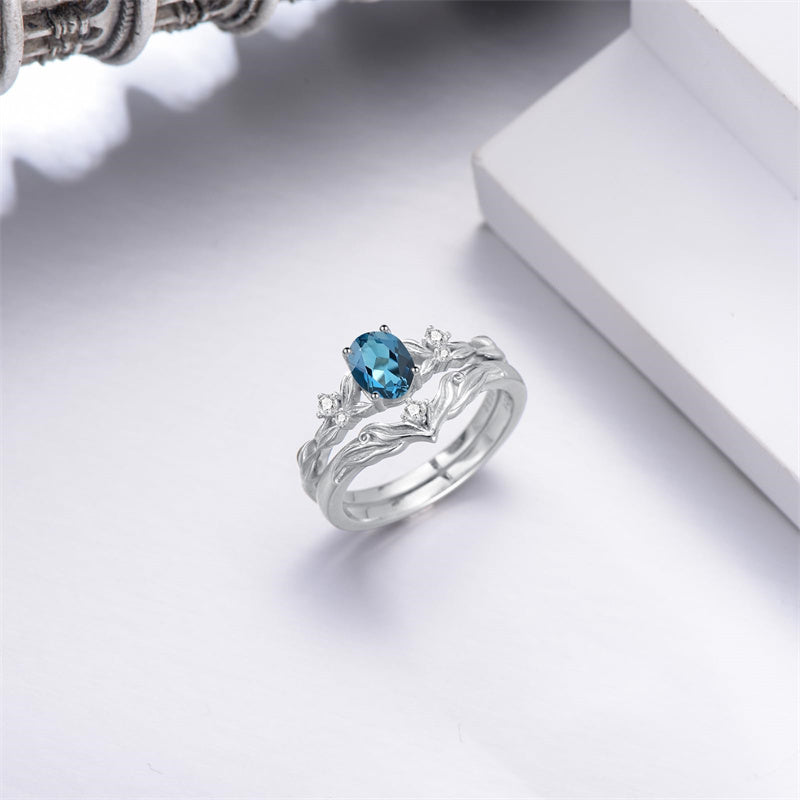 Sterling Silver 10K 14K 18K Gold  Oval Cut Unique Vine Gemstone Wedding Ring Set