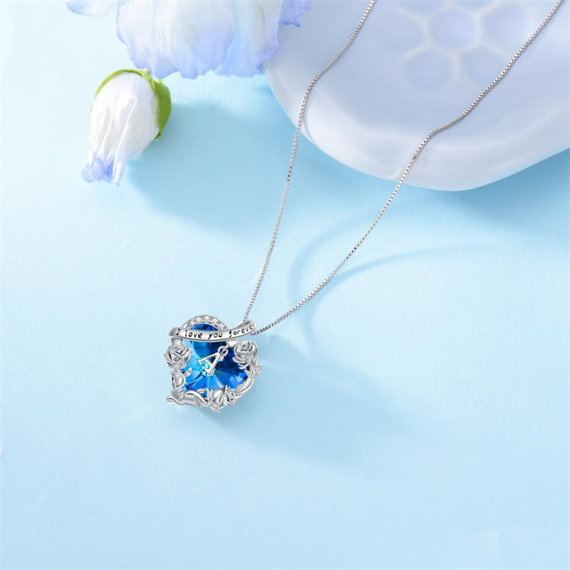 Sterling Silver  Blue Heart Crystal Initial A-Z Letter Rose Pendant Necklace Engraved with  I Love You Forever