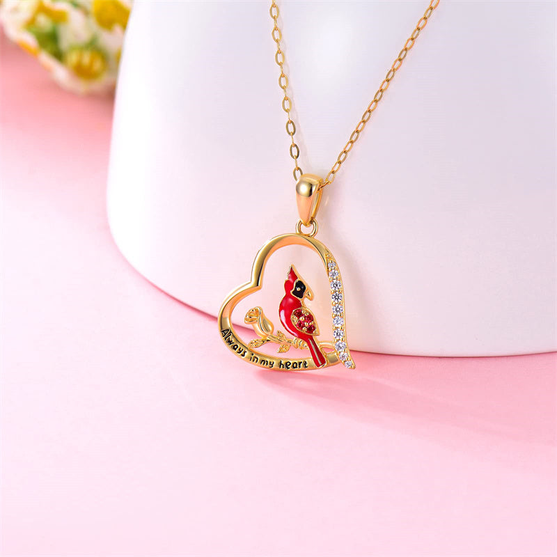14K Gold Red Cardinal Bird Pendant Necklace Engraved With Always in My Heart