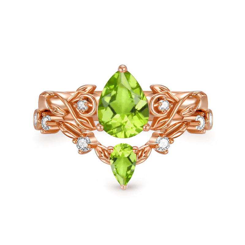 Sterling Silver 10K 14K 18K Gold Pear Cut Gemstone Leaf  Engagement Ring Set