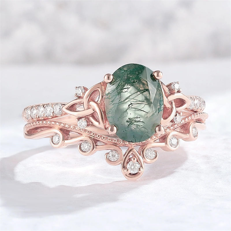 Sterling Silver 10K 14K 18K Gold  Personalized  Engraved Natural Moss Agate Engagement Bridal Wedding Ring Set