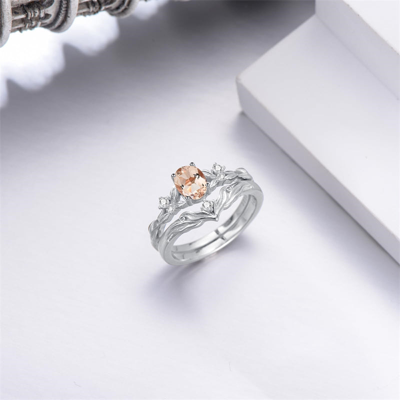 Sterling Silver 10K 14K 18K Gold  Oval Cut Unique Vine Gemstone Wedding Ring Set