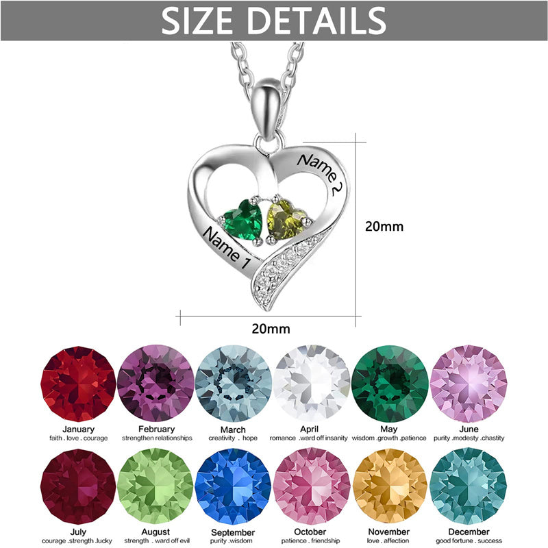 10K 14K 18K Gold Personalized 2 Birthstone Engravd Heart Pendant Necklace