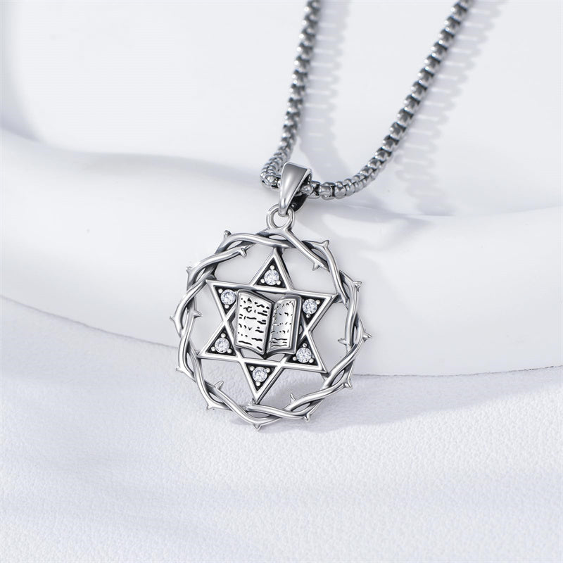 Sterling Silver Crown of Thorns Crucifix Cross Pendant Necklace for Men