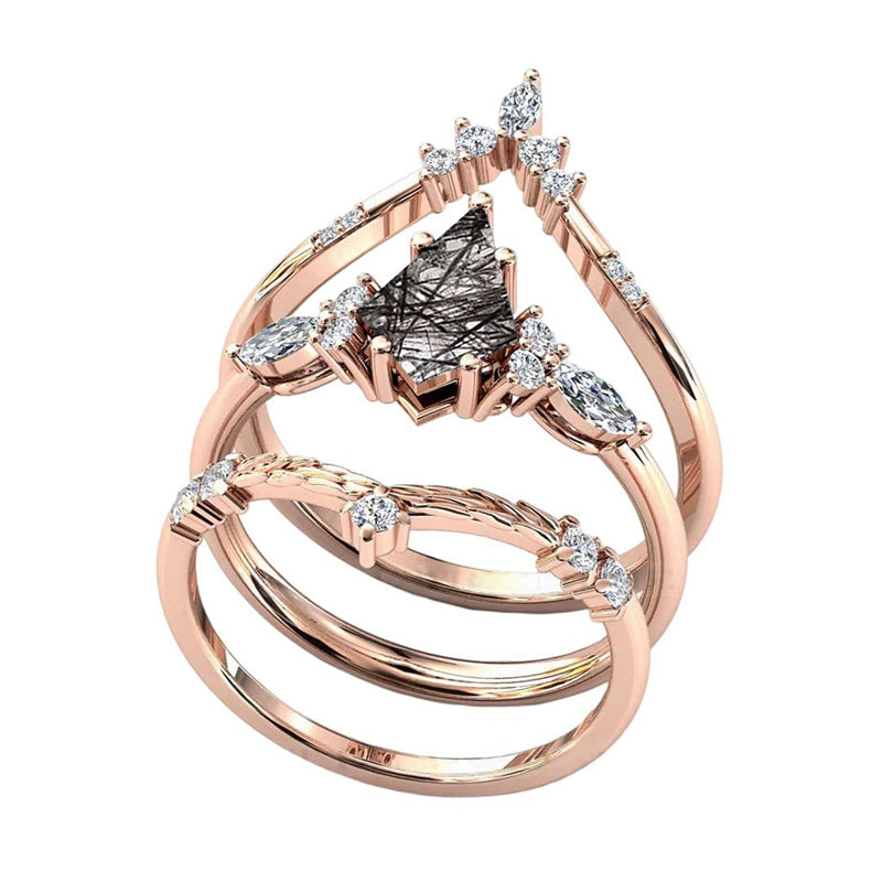 Sterling Silver 10K 14K 18K Personalized Engraved 2CT Natural Black Rutilated Quartz Engagement Ring Set