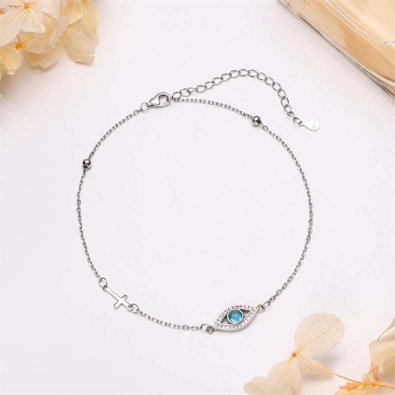 Sterling Silver Evil Eye with Cross Single Layer Anklet