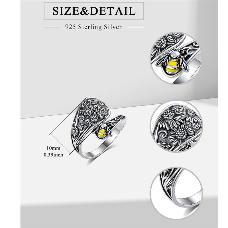 Sterling Silver Personalized Engraved Sunflower Bee Butterfly Adjustable Spoon Ring