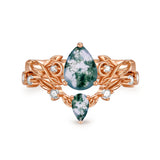 Sterling Silver 10K 14K 18K Gold Pear Cut Gemstone Leaf  Engagement Ring Set