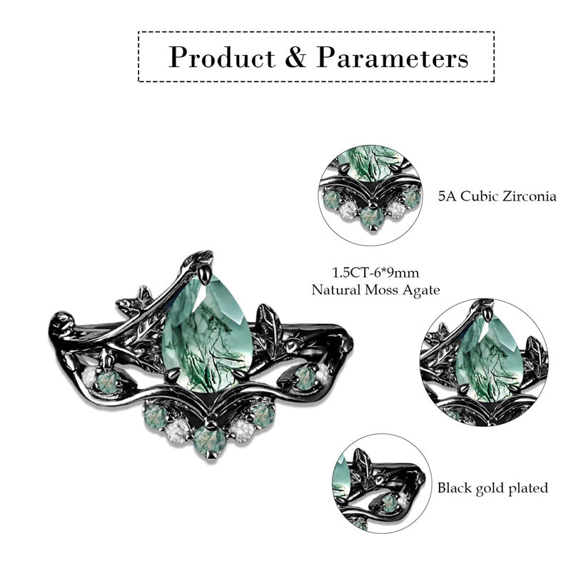 Sterling Silver Pear Natural Moss Agate Engagement Ring Set Wedding Ring