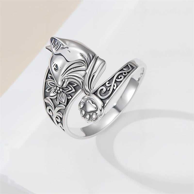 Sterling Silver Cat Adjustable Spoon Ring for Women
