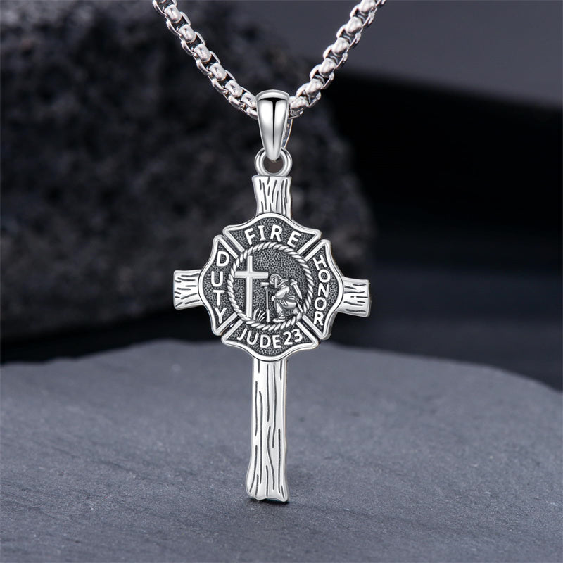 Sterling Silver Firefighter & Cross Pendant Necklace  for Men