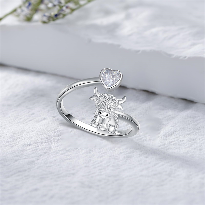 Sterling Silver Heart Birthstone Personalized Engraved Highland Cow Adjustable Ring