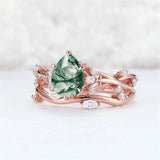 Sterling Silver 10K 14K 18K Gold  Personalized  Engraved Natural Moss Agate Engagement Bridal Wedding Ring Set