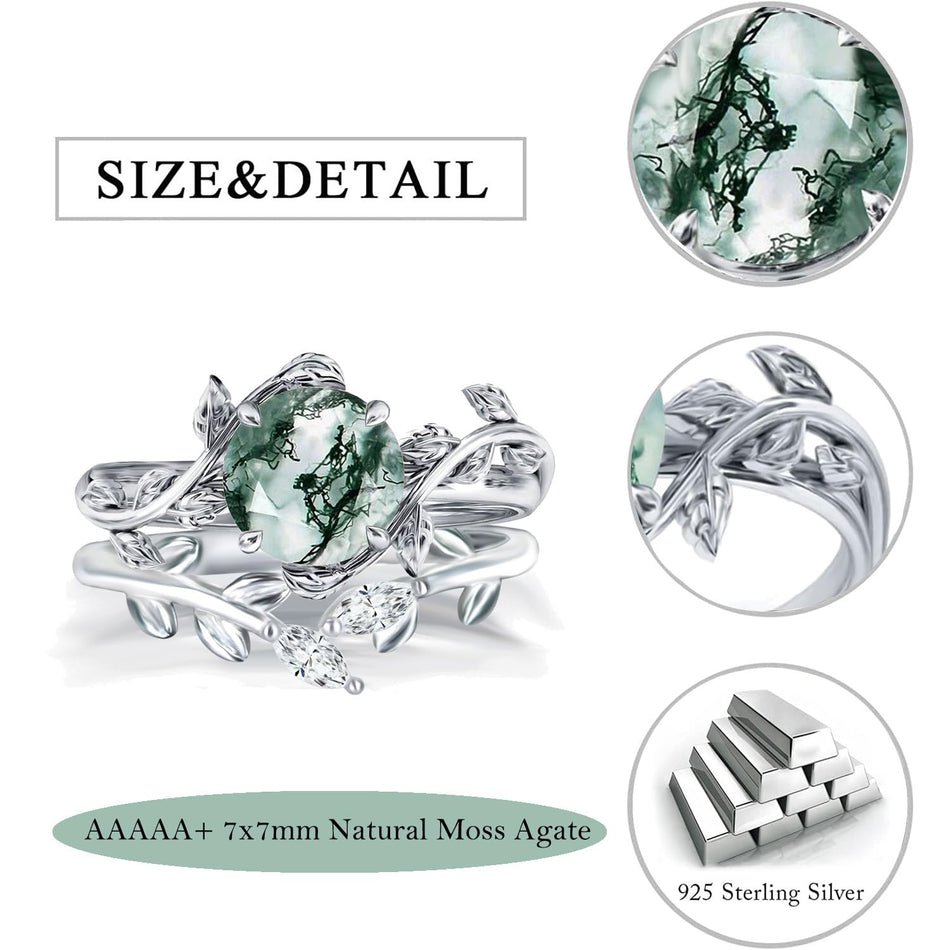 Sterling Silver Pear Kite Round Oval Cut Natural Moss Agate Leaf Engagement Wedding Promise Ring Set