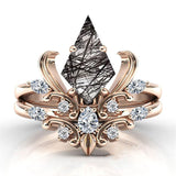 Sterling Silver 10K 14K 18K Personalized Engraved 2CT Natural Black Rutilated Quartz Engagement Ring Set