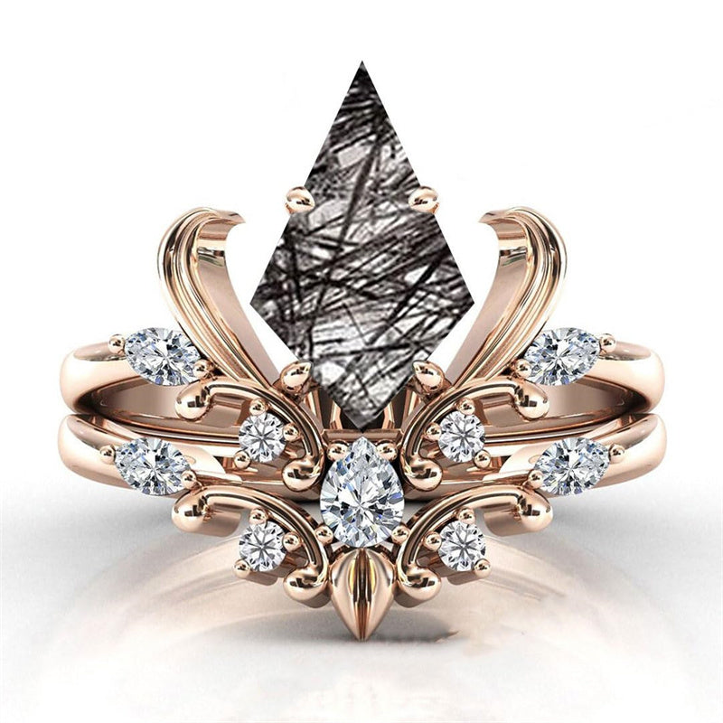 Sterling Silver 10K 14K 18K Personalized Engraved 2CT Natural Black Rutilated Quartz Engagement Ring Set