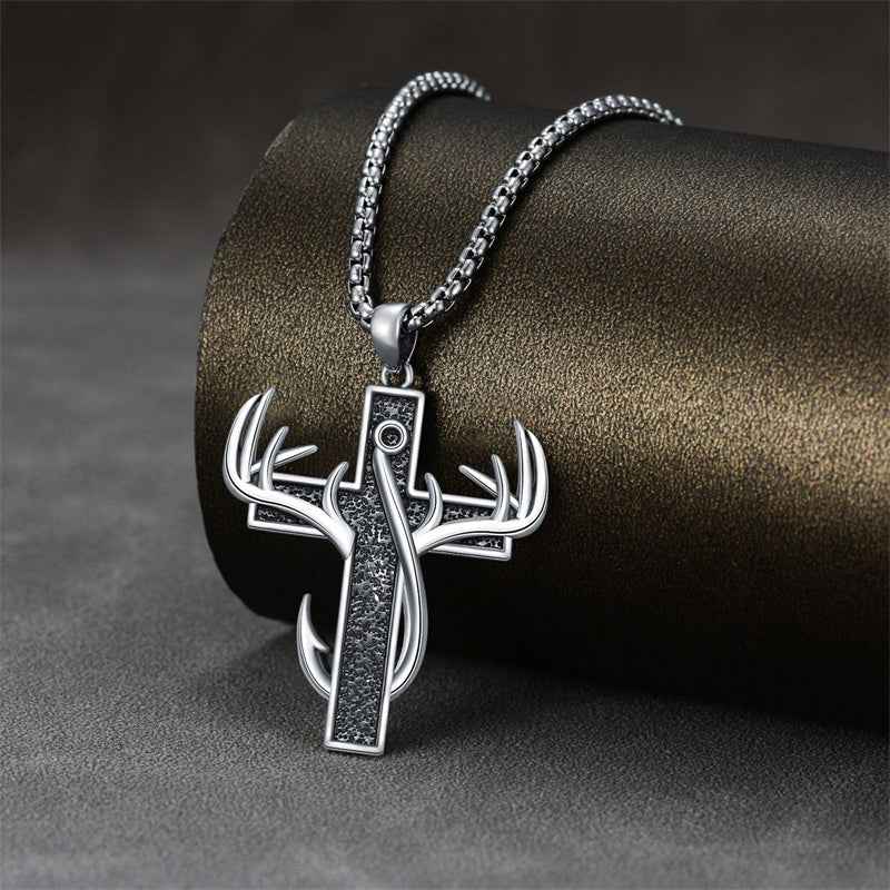 Sterling Silver Fish Hook Cross Pendant Necklace for Men
