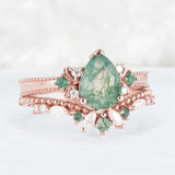 Sterling Silver 10K 14K 18K Gold  Personalized  Engraved Natural Moss Agate Engagement Bridal Wedding Ring Set