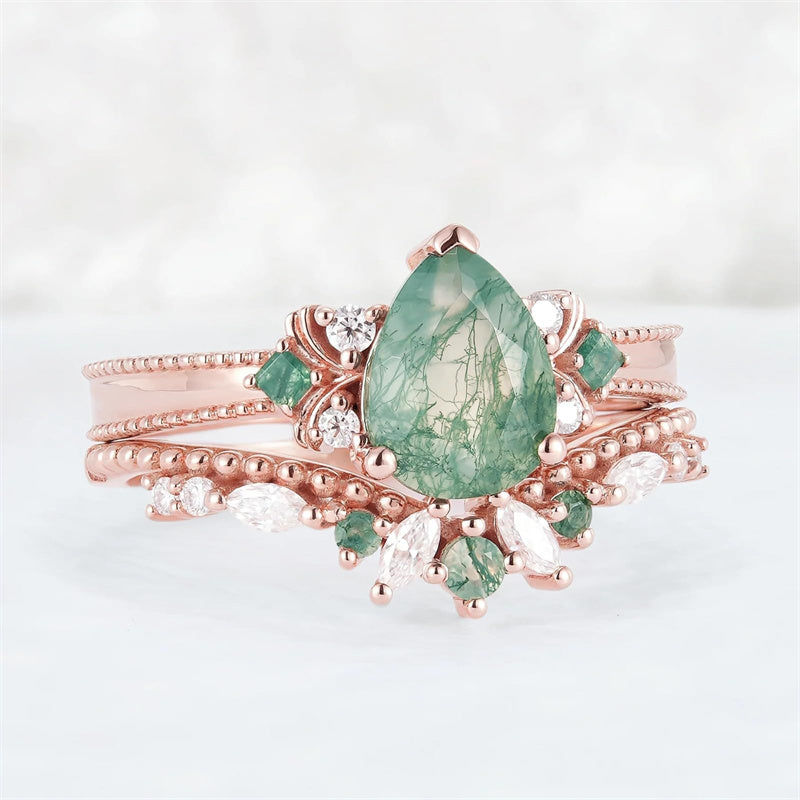 Sterling Silver 10K 14K 18K Gold  Personalized  Engraved Natural Moss Agate Engagement Bridal Wedding Ring Set