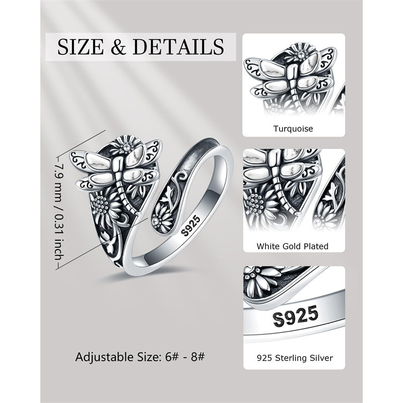 Sterling Silver White Turquoise Dragonfly Spoon Ring and Dragonfly Sunflower Stud Earrings