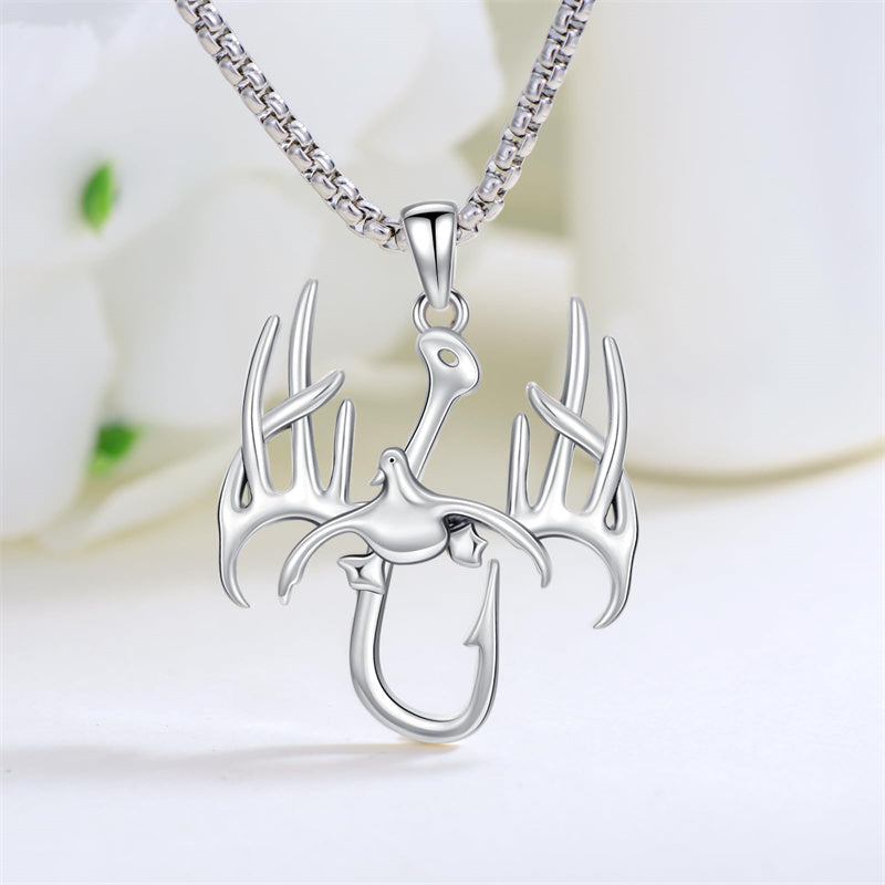 Sterling Silver Fish Hook& Antler Duck Pendant Necklace for Men
