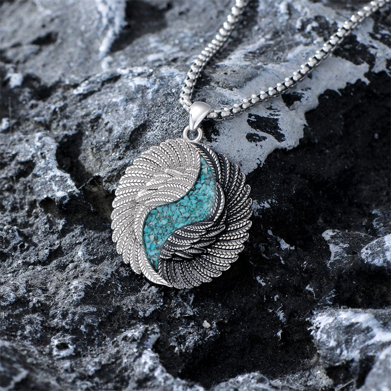Sterling Silver Turquoise Obsidian Opal Tiger's Eye Yin Yang Angel Wings Pendant Necklace