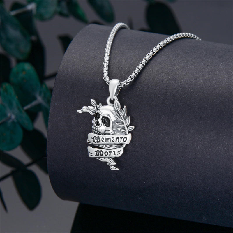 Sterling Silver Memento Mori Gothic Skull Amulet Pendant Necklace for Men