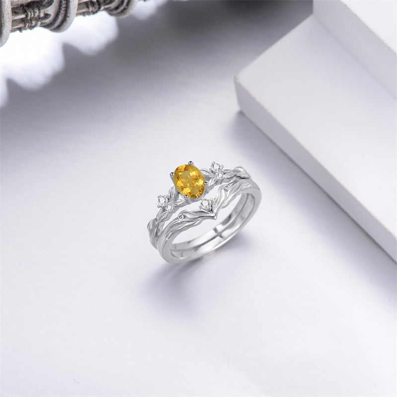 Sterling Silver 10K 14K 18K Gold  Oval Cut Unique Vine Gemstone Wedding Ring Set