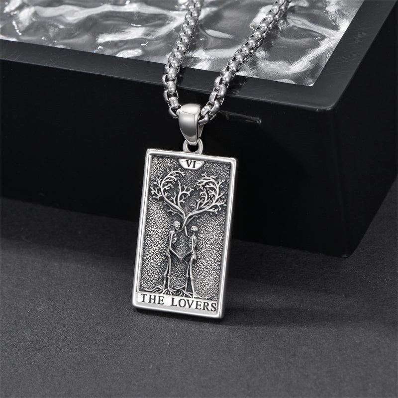 Sterling Silver Lovers Hierophant Magician Three of Swords Wheel of Fortune SkeletonTarot Card Pendant Necklace