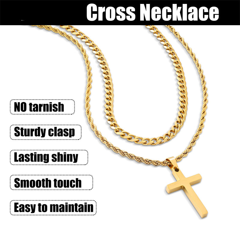 Sterling Silver Layered Cross Necklace for Men with Stainless Steel Cuban Link Rope Chain