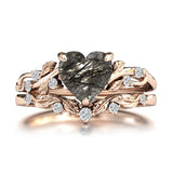 Sterling Silver 10K 14K 18K Gold Personalized Engraved Natural Heart Black Rutilated Quartz Engagement Ring Set